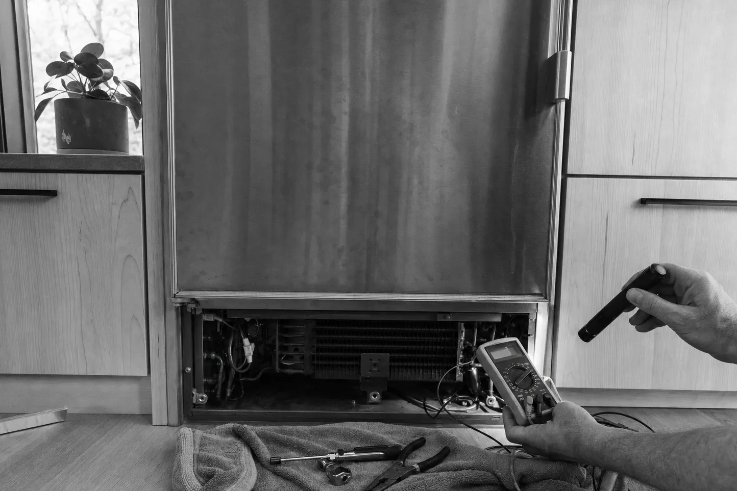 Black-and-white view of a built-in refrigerator with its lower grille removed, a flashlight and a multimeter held at the exposed condenser coil