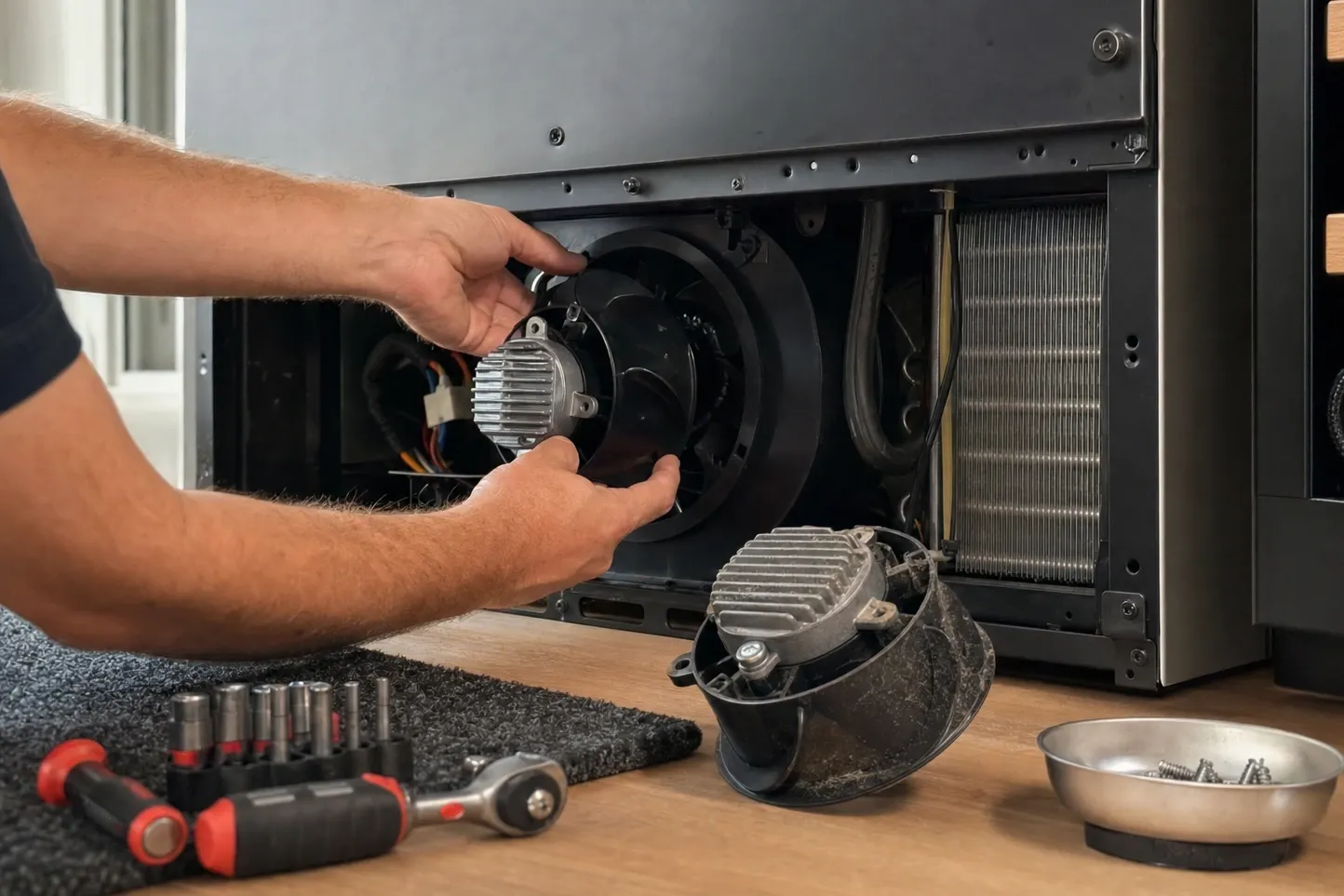 Hands fitting a bright new fan motor into its shroud in the open lower bay of a dark-panelled cabinet, the dust-caked old motor standing on the floor